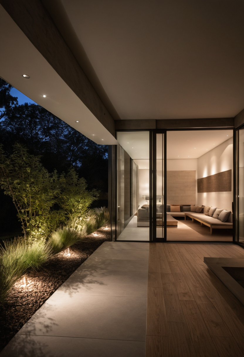 The villa façade should be lit as a backdrop, not a billboard planning reference