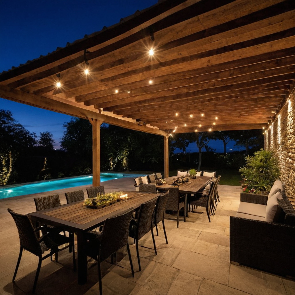 Patio lighting should support dining, circulation, and views back into the villa planning reference